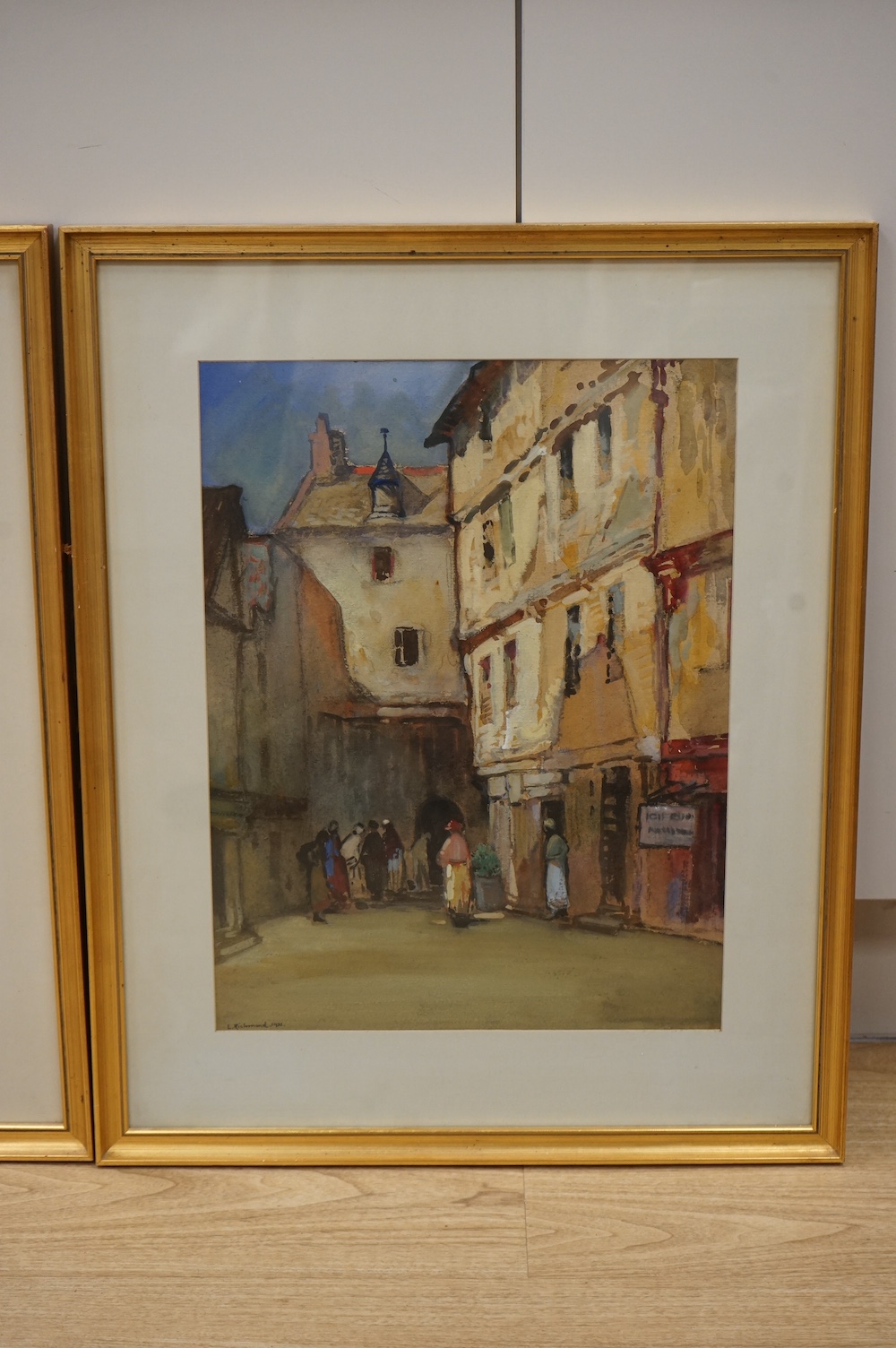 Leonard Richmond (1889-1965), pair of gouaches and pastels, Street scenes with figures, each signed and dated 1922, 48 x 37cm. Condition - good